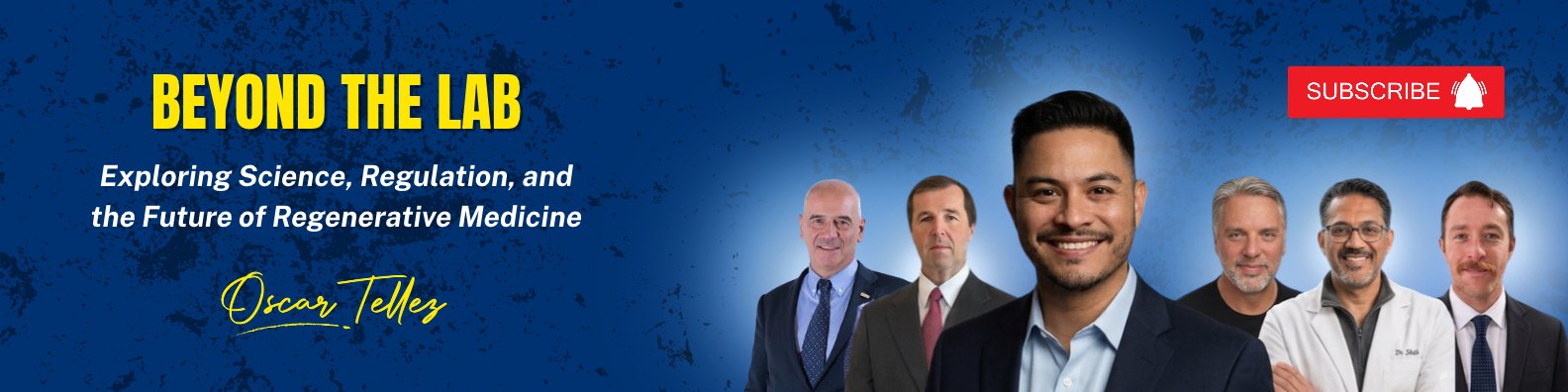 Beyond The Lab banner with Oscar Tellez and six of his podcast guests